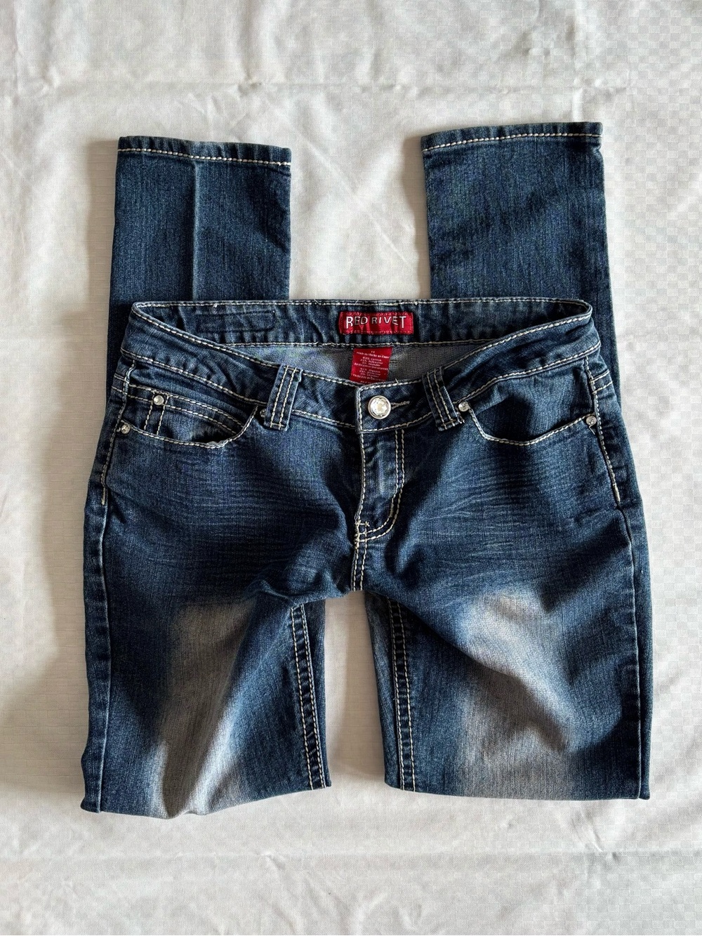 Y2K Red Rivet Low Rise Skinny Bling Jeans with Rhinestone Pockets